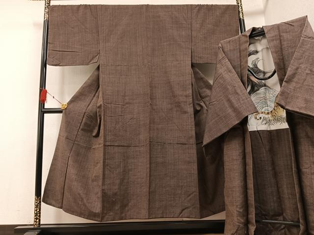 平和屋着物●男性　紬　アンサンブル　色無地　涅色　正絹　逸品　AABF6950ph