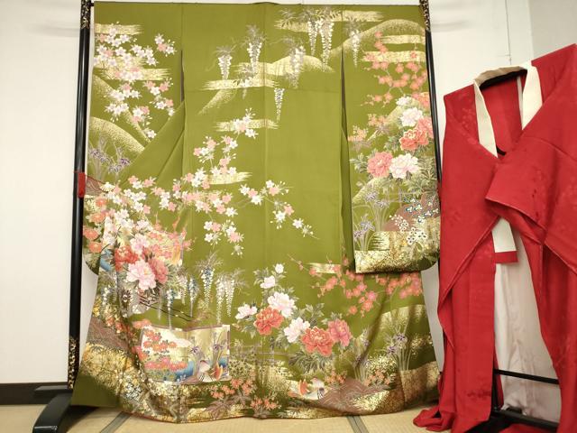 平和屋着物●豪華振袖・長襦袢(無双仕立て)セット　刺繍　鴛鴦花車文　金彩　反端付き　正絹　逸品　AABF7020ck