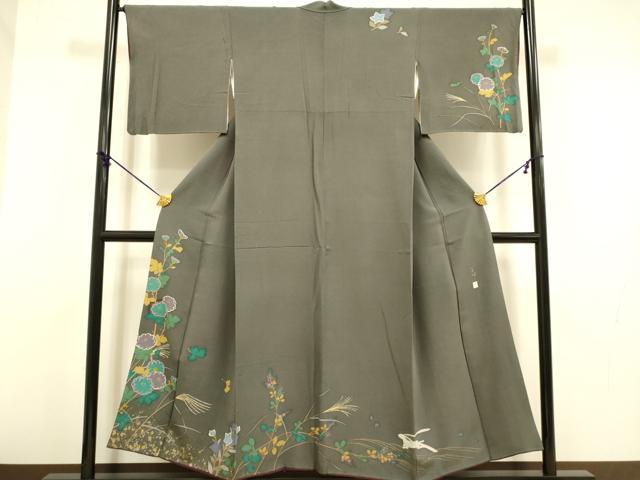 平和屋着物●吉澤友禅 三代目 吉田箕助 訪問着 草花文 飛び兎 金彩 正絹 逸品 DABA8990du