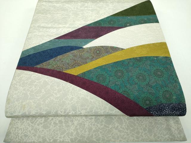 平和屋着物●重要無形文化財　人間国宝　中村勇二郎　太鼓柄袋帯　切嵌　吉祥小紋柄　銀通し地　正絹　逸品　DABB4540ps