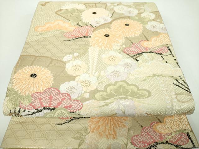 平和屋着物●現代アンティーク　貝島はるみ　綺麗伝説　六通柄袋帯　唐織　扇面花文　金糸　正絹　逸品　DABB4544ps