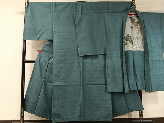 平和屋着物●男性　紬　アンサンブル　花浅葱色　正絹　逸品　CABC2716vp