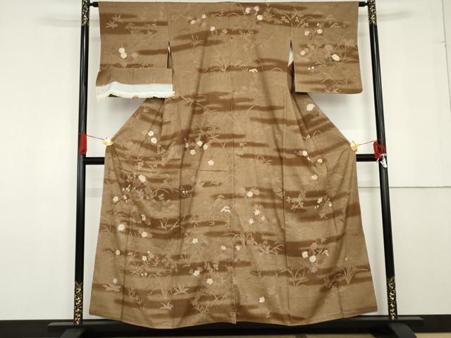 平和屋着物●訪問着　本場結城紬地　草花文　金彩　反端付き　正絹　逸品　AABF6590cs