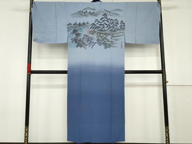 平和屋着物●男性　長襦袢　無双仕立て　手描き　風景松文　暈し染め　正絹　逸品　未使用　AABF9134cs