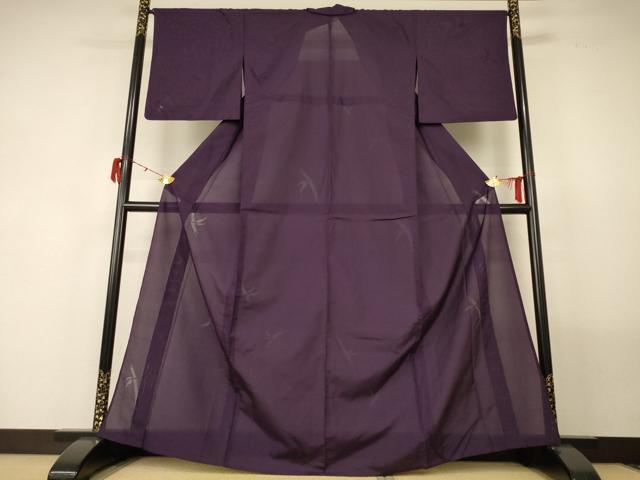 Kimono - 平和屋着物＊夏物　色無地　縦絽　笹竹紋紗　似せ紫色　洗える着物　AABF9490jd