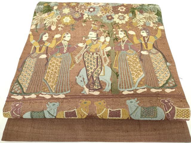 平和屋着物●中国三大刺繍　相良刺繍　総刺繍　太鼓柄袋帯　紬地　人物花鳥文　壁画文様　正絹　逸品　DABB7761op