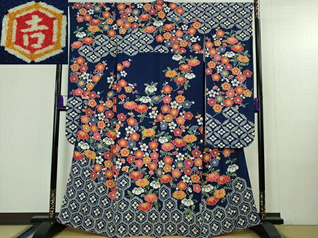 平和屋本店●極上 和染紅型 栗山紅型 栗山吉三郎 振袖 椿 梅 鉄紺色地 鬼しぼ縮緬 逸品 DZAB4366kh6