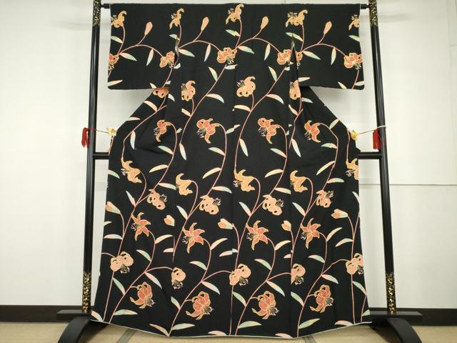 Rakuten - 平和屋着物●訪問着　枝花文　黒地　金彩　正絹　逸品　AABG9924cs