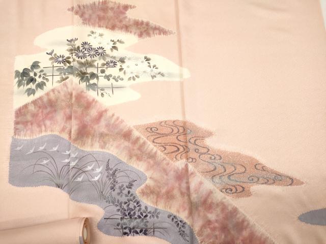 平和屋着物▼付下げ　反物　着尺　手描き　飛鳥花文　暈し染め　金彩　逸品　未使用　DABB6101we