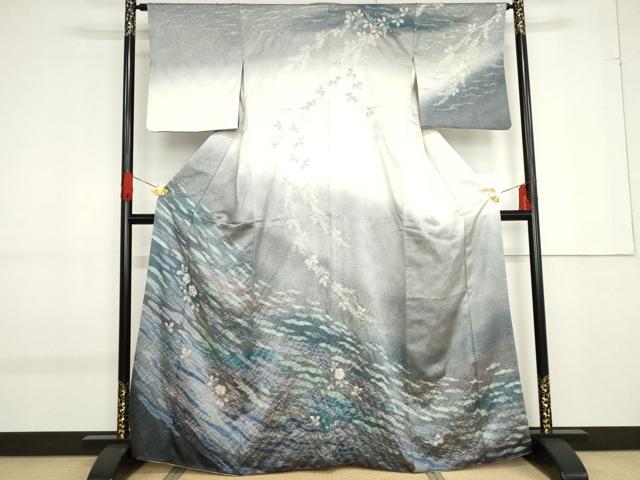 平和屋着物●訪問着　辻が花　絞り　暈し染め　金彩　銀通し地　正絹　逸品　AABF9068cs
