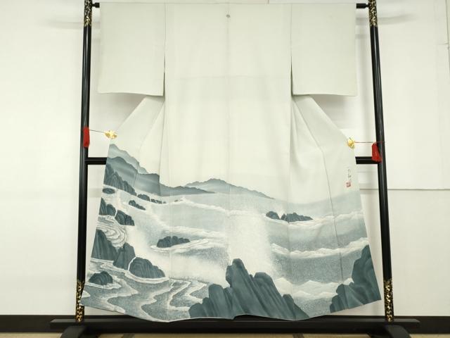 平和屋着物●豪華色留袖　手描き　一乃和作　立波風景文　正絹　逸品　AABF9076cs