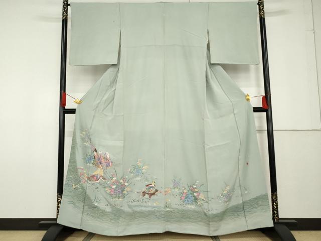 ■■■　サイズ　■■■ 身丈 161cm（肩から） 裄丈 66.5cm 袖丈 48cm　縫込み 14.5cm 袖幅 35cm 前幅 24.5cm 後幅 30.5cm 着物縫いこみ 内揚げ 5.5cm 裄 お袖側 約0cm　身頃側 約2.5cm ■■■　商品詳細　■■■ 【正絹・一つ紋】 状態は接写画像のように衿山・胴裏に薄い汚れ、衿・両袖・袖口に汚れがございますが その他特に目立ったシミ汚れなども