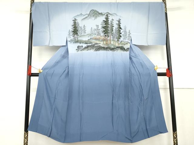 平和屋着物●男性　長襦袢　無双仕立て　遠山風景樹林文　暈し染め　正絹　逸品　AABF9135cs