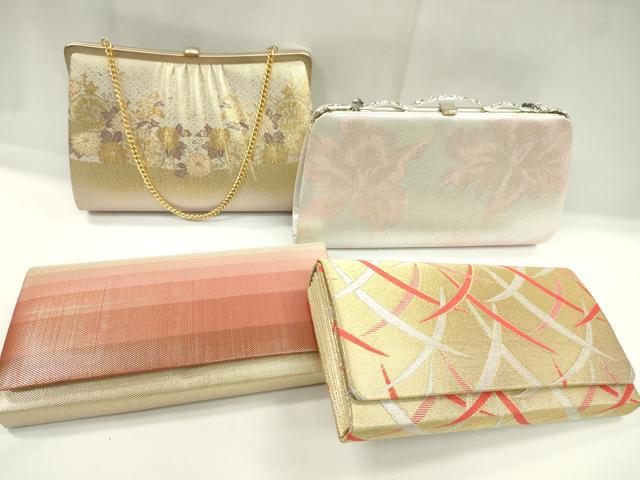 平和屋着物▼和装小物 和装バッグまとめて4点 ハンドバッグ カトレア 花文 横段文 クラッチ 金銀糸 逸品 CABC1088ju