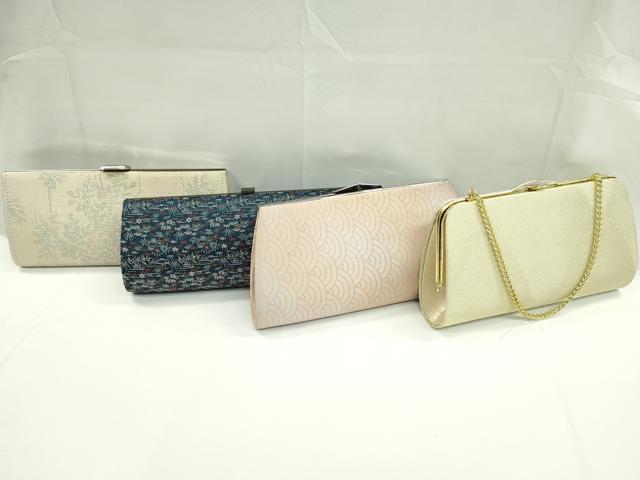 平和屋着物▼和装小物 和装バッグまとめて4点 ハンドバッグ 礼装 紬地 流水花文 青海波 金糸 未使用あり 逸品 CABC1090ju