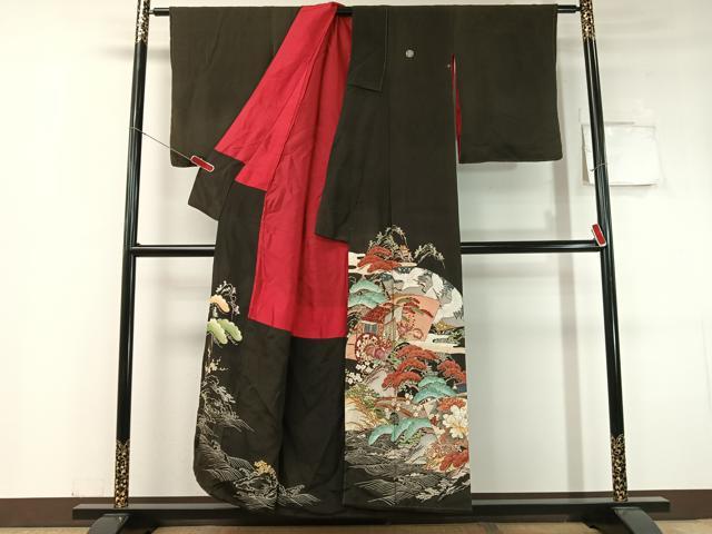 平和屋着物●アンティーク　大正ロマン　黒留袖　駒刺繍　地紙御所車飛鶴花松文　金彩　正絹　逸品　CABC9808vp heiwaya-11071494 平和屋 サンプル画像2