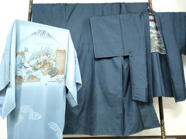 ■■■　サイズ　■■■ 【着物】 身丈 144.5cm（肩から） 裄丈 73.5cm 袖丈 49.5cm　縫込み 5cm 袖幅 37.5cm 前幅 25.5cm 後幅 31.5cm 着物縫いこみ 内揚げ 8cm 裄 お袖側 約3cm　身頃側 約2cm 【羽織】 身丈 96cm（肩から） 裄丈 73.5cm 袖丈 49cm　縫込み 4cm 袖幅 37.5cm 前幅 20cm 後幅 32cm 裄 お袖側 約2cm　身頃側 約2cm 【長襦袢】 身丈 142.5cm（肩から） 裄丈 71cm 袖丈 48.5cm　縫込み 4cm 袖幅 36cm 前幅 27cm 後幅 33cm 着物縫いこみ 内揚げ 0cm 裄 お袖側 約1cm　身頃側 約0cm ■■■　商品詳細　■■■ 【正絹・未使用】 状態は特に目立ったシミ汚れなどもなく大変良い状態です。 大変上質な逸品になります。 お安く出品致しますので、是非この機会にいかがでしょうか？ ■■■　注意事項　■■■ ■モニター発色の具合により色合いが異なる場合がございます。 ■寸法は多少の誤差が生じる場合がございますのでご了承ください。 ■縫込みの長さが左右非対称の場合は短い部分を記載しております。 左右非対称であってもご返品・お値引き等の保証は出来かねますので、ご了承の上ご購入をお願い致します。 ■シミ等のチェックには注意を払っておりますが、見落としがある場合もございますし、個人の見解も様々ですので神経質な方のご購入はお控えください。 ■箪笥に入っておりました着物や帯なので畳みシワや匂いがあるものもございます。 ■お休みは基本的に土日祝となりますが、その他臨時でお休みする場合がございますのでご了承ください。 ■商品の発送は平日のみの発送となります。 ■夜間と土曜、日曜日はお問い合わせの回答が遅れる場合がございます。 ■当店では、お直し、紋入れ、お手入れ等は承っておりません。 ■生地の状態（ヤケ、経年劣化等）によってはサイズ直しが出来ない場合がございます。 その点もどうかご了承のうえ、ご購入をお願いいたします。 ■弊社で取り扱う商品は一点ものにつき、時期や在庫状況に応じて金額が変更となる場合がございます。 ■検針は行っておりません。予めご了承いただきますようお願いいたします。 ■【洗える着物】と記載のある商品におきましては、商品お届け後に洗濯を行ってしまってからのご返品にはご対応しかねます。 念の為、専門店でのお手入れをお願いいたします。 ■写真に写っている物が全てになります。それ以外の付属品はございませんのでご了承ください。 ■状態に関する写真につきましては、掲載可能な写真枚数に限りがあるため、各箇所につき1枚参考画像を掲載しております。 ■着物のサイズ目安は下記を参考ください↓ ＜女性着物＞　お端折り次第で＋5cm　−1cmが着用可能サイズ 　例）身丈170cmの場合、身長160cm〜175cm ＜男性着物＞　身丈＋約25cm〜27cm程が適応身長 　例）身丈155cmの場合、身長180〜182cm