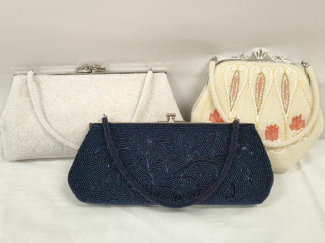 平和屋着物▼和装小物 ビーズバッグまとめて3点 がま口 枝唐草 花唐草 持ち手付き レトロ 逸品 DABA7943zzz