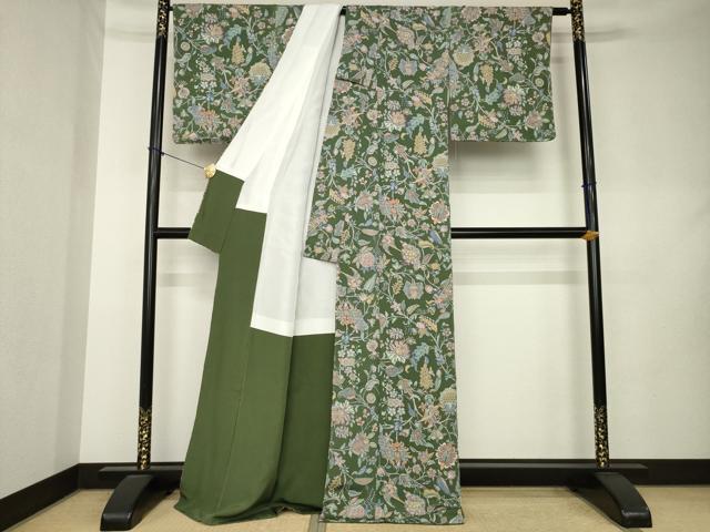 平和屋の平和屋着物●上質な小紋　更紗花鳥文　鬼しぼ縮緬　ロング丈　正絹　逸品　未使用　AABL0030ck｜アングル3