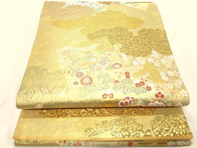 平和屋着物◎六通柄袋帯　伯鳳　色紙草花文　金糸　正絹　逸品　DABB9352ya