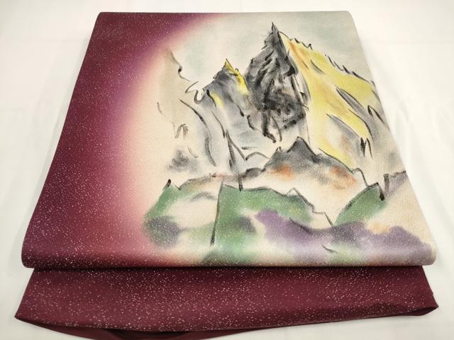 婦女和服 - 平和屋着物▼榎木孝明　太鼓柄袋帯　手描き　遠山文　銀通し地　正絹　逸品　AABF7904wj