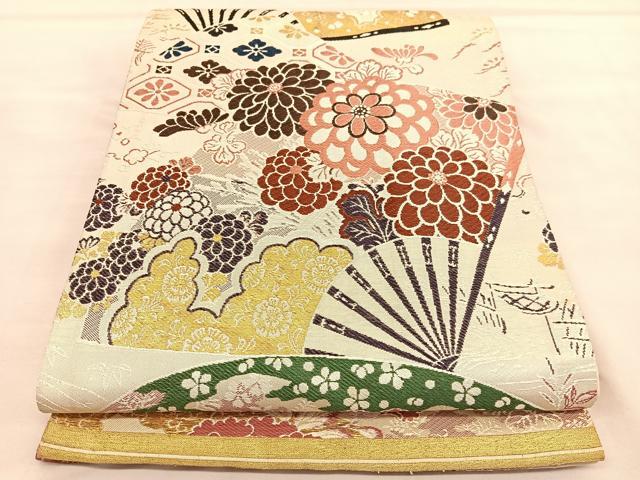 平和屋着物◎全通柄袋帯　唐織　扇面花文　金糸　正絹　逸品　BAAU4903hv
