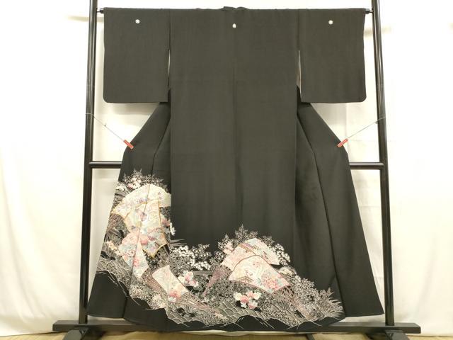 平和屋着物■豪華黒留袖 駒刺繍 扇面飛鶴花文 金彩 正絹 逸品 DABD6749cm