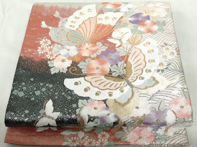平和屋着物◎六通柄袋帯　立波花蝶文　金銀糸　正絹　逸品　DABE0699qa