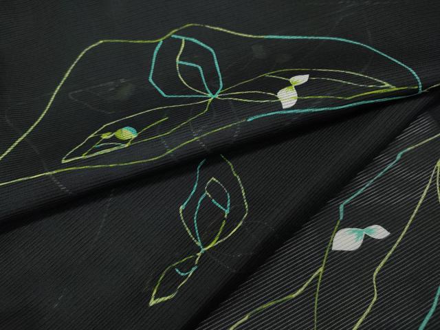 平和屋着物＊夏物 小紋 絽 草花文 黒地 洗える着物 CAAV3047ut