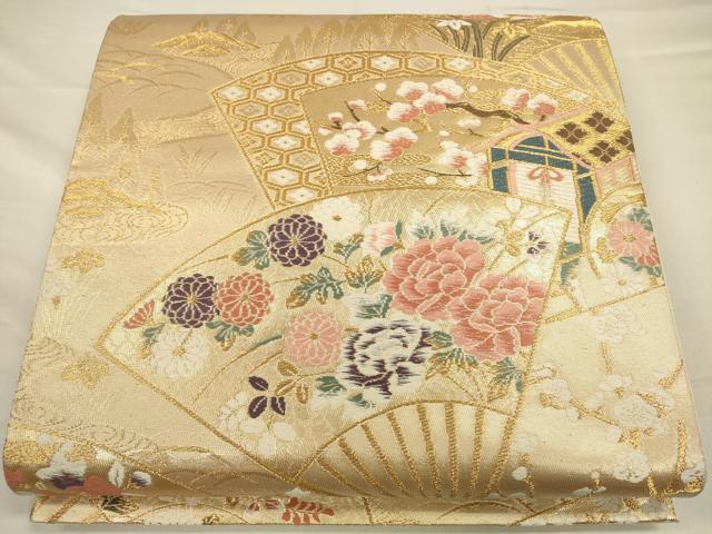 平和屋着物◎六通柄袋帯　唐織　扇面花鳥紋　金糸　正絹　逸品　CAAV3449ft