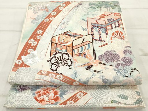 平和屋着物◎六通柄袋帯 唐織 寿宝熨斗双曲紋 銀糸 引箔 正絹 逸品 未使用 AAAS0777sg 平和屋着物◎六通柄袋帯 唐織 寿宝熨斗双曲紋 銀糸 引箔 正絹 逸品 未使用 AAAS0777sg