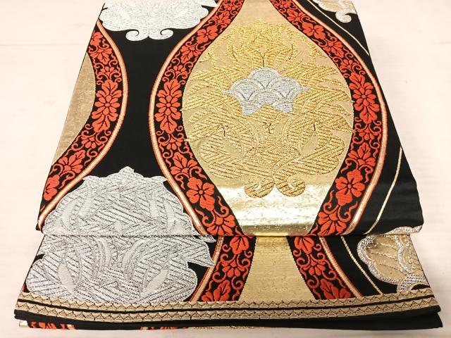 平和屋着物◎六通柄袋帯　立涌花文　黒地　金銀糸　正絹　逸品　AAAV5512yx