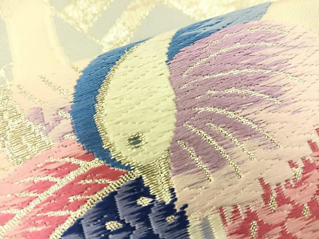 平和屋着物◎六通柄袋帯　唐織　扇面鴛鴦花文　銀糸　正絹　逸品　BAAS6147fc
