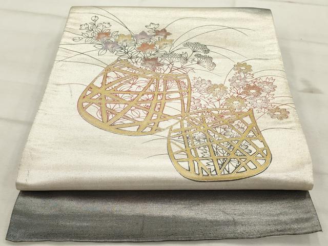 Rakuten - 平和屋着物◎太鼓柄袋帯　作家物　花籠文　銀糸　正絹　逸品　AAAU7253sg