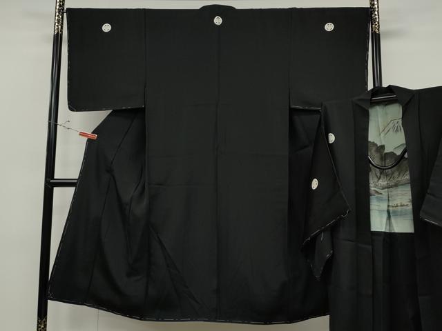 平和屋着物●男性　黒紋付・羽織セット　羽裏：風景文　正絹　逸品　未使用　CABD0295ut