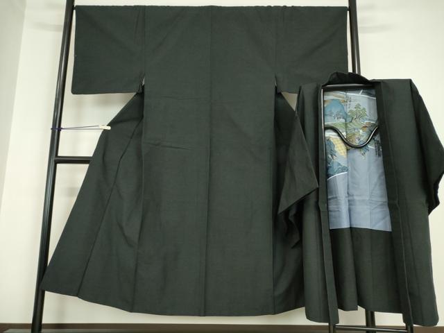 平和屋着物●男性　紬　アンサンブル　長羽織　黒色　正絹　逸品　DABC3033az