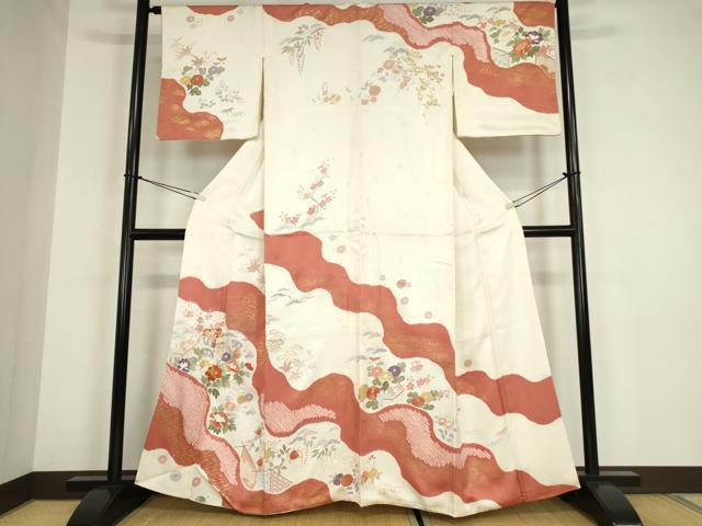 平和屋着物●創業460年・千總　訪問着　駒刺繍　絞り　御所車花文　金彩　正絹　逸品　DABC3059az