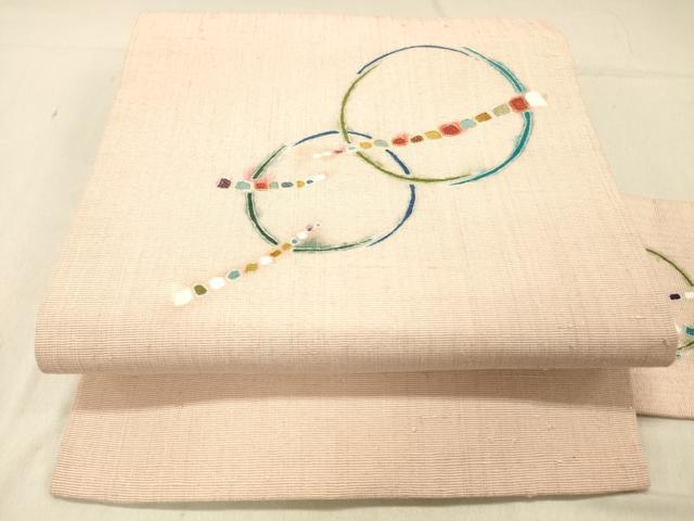 平和屋着物●九寸名古屋帯　紬地　駒刺繍　抽象丸文　金糸　銀通し地　正絹　逸品　DABC8183cm