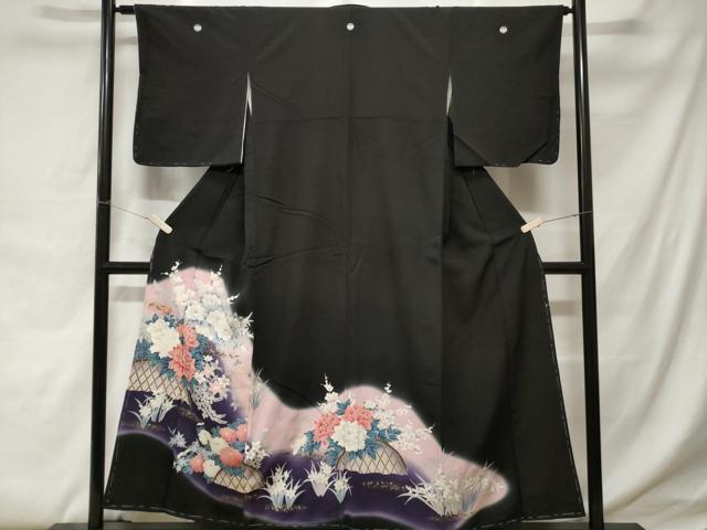 平和屋着物■豪華黒留袖　籬草花文　暈し染め　金銀彩　正絹　逸品　CABC0268ev