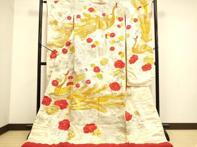 平和屋本店▼色打掛　お引きずり　婚礼　和装　結婚式　神社挙式　花嫁　総刺繍　金銀糸　孔雀花文　逸品　DABA8856du...