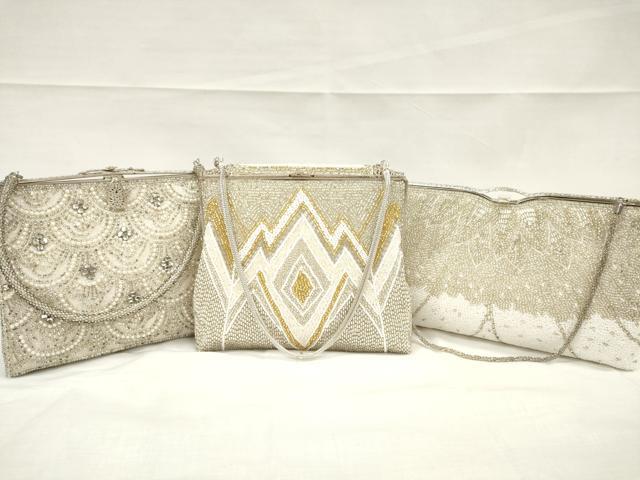 平和屋着物▼和装小物 ビーズバッグまとめて3点 がま口 青海波 波霞 ラインストーン 持ち手付き レトロ 逸品 DABA7938zzz