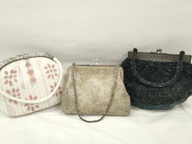平和屋着物▼和装小物 ビーズバッグまとめて3点 がま口 矢絣花間道 持ち手付き レトロ 逸品 DABA7941zzz