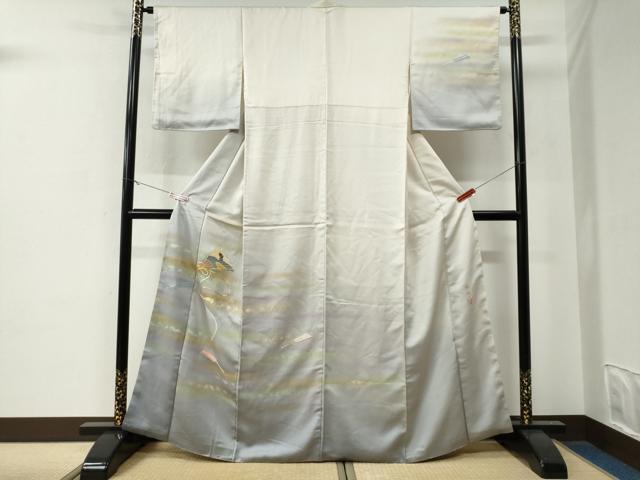 平和屋着物●人間国宝　福田喜三郎　訪問着　駒刺繍　霞扇面文　暈し染め　金彩　正絹　逸品　CABE3010yc