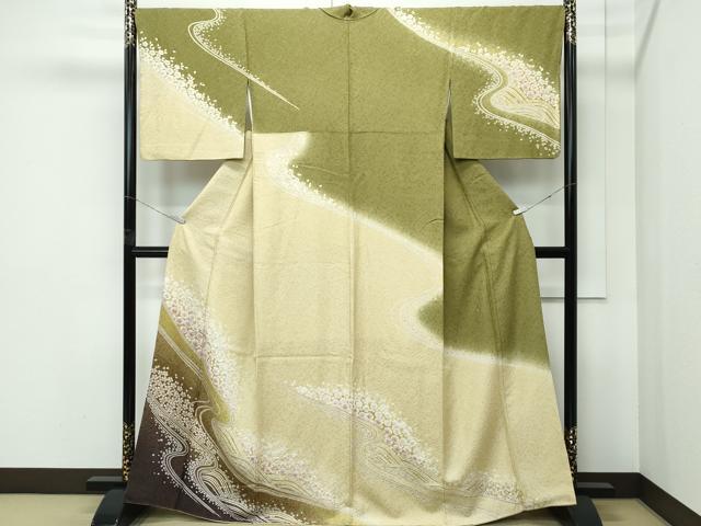 平和屋着物●極上　訪問着　絞り　流水舞花文　暈し染め　銀通し地　逸品　CZAA5145s6
