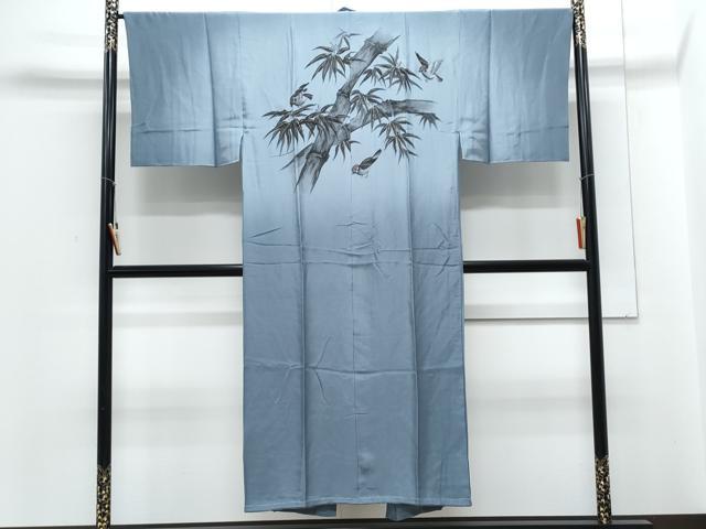 平和屋着物▼男性　長襦袢　袷　手描き　雀　笹竹文　暈し染め　金彩　正絹　逸品　CABC9318th