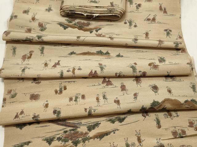 平和屋着物▼小紋　反物　着尺　手描き　紬地　人物風景文　逸品　未使用　DABB6369we