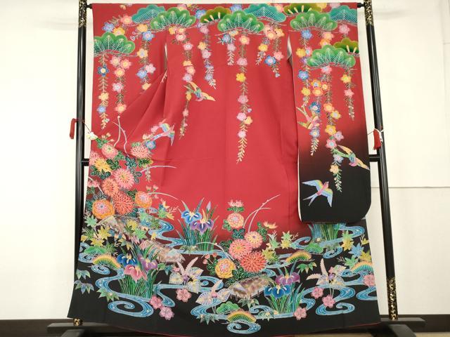 平和屋着物●紅型　振袖　花鳥風景文　暈し染め　正絹　逸品　AABL0201cs