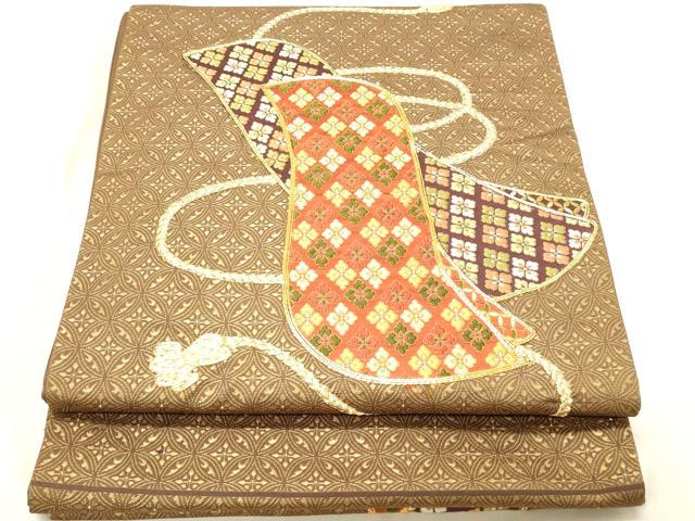 平和屋着物◎西陣 太鼓柄袋帯 総刺繍 駒刺繍 組紐花菱文 金糸 正絹 逸品 DABB9307ya