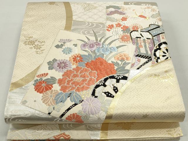 平和屋着物◎六通柄袋帯 唐織 地紙御所車花文 鶴 金銀糸 正絹 逸品 DABC0747qa
