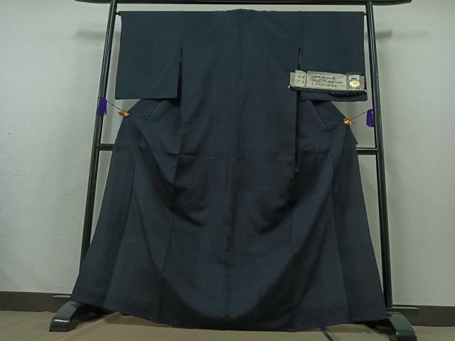 Kimono - 平和屋着物▽池田重子コレクション　結城ちぢみ　奥順謹製　はたおり娘　単衣　蚊絣　漆黒色地　証紙付き　正絹　逸品　AABB3578jh